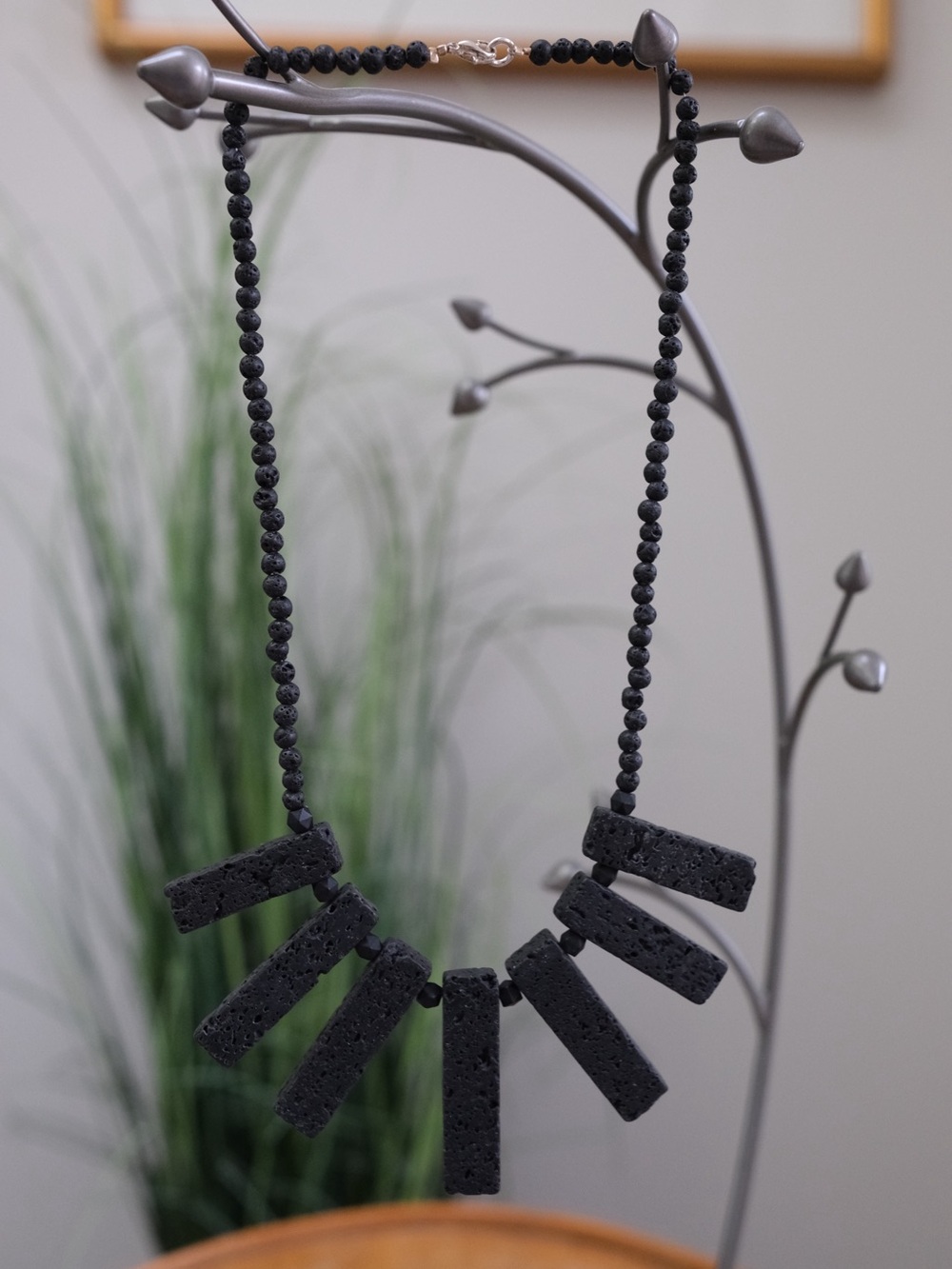 Black Lava Stone Geometric Statement Necklace 17”
